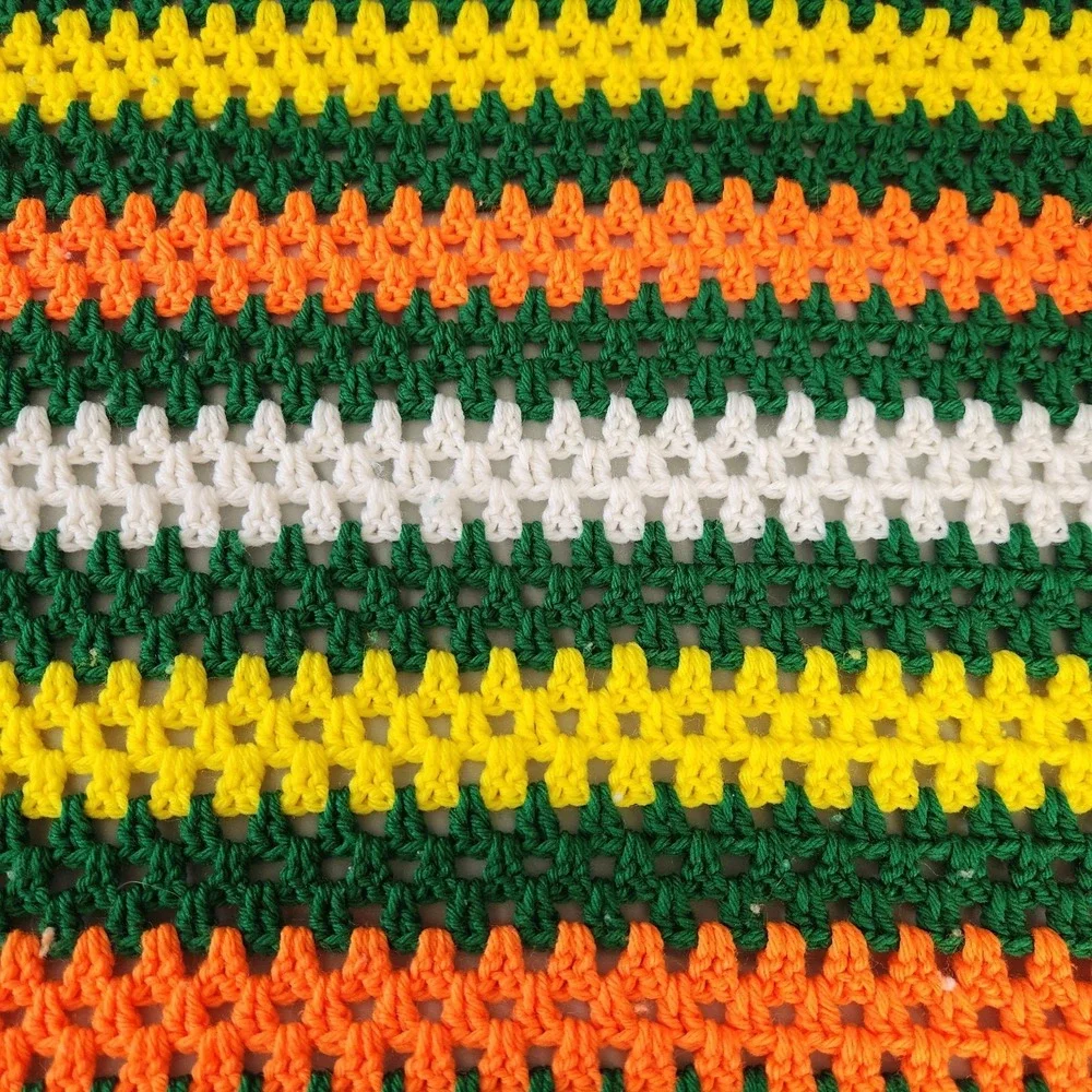Vintage Retro Handmade Crocheted Afghan Throw Blanket Orange Green Miami FAMU